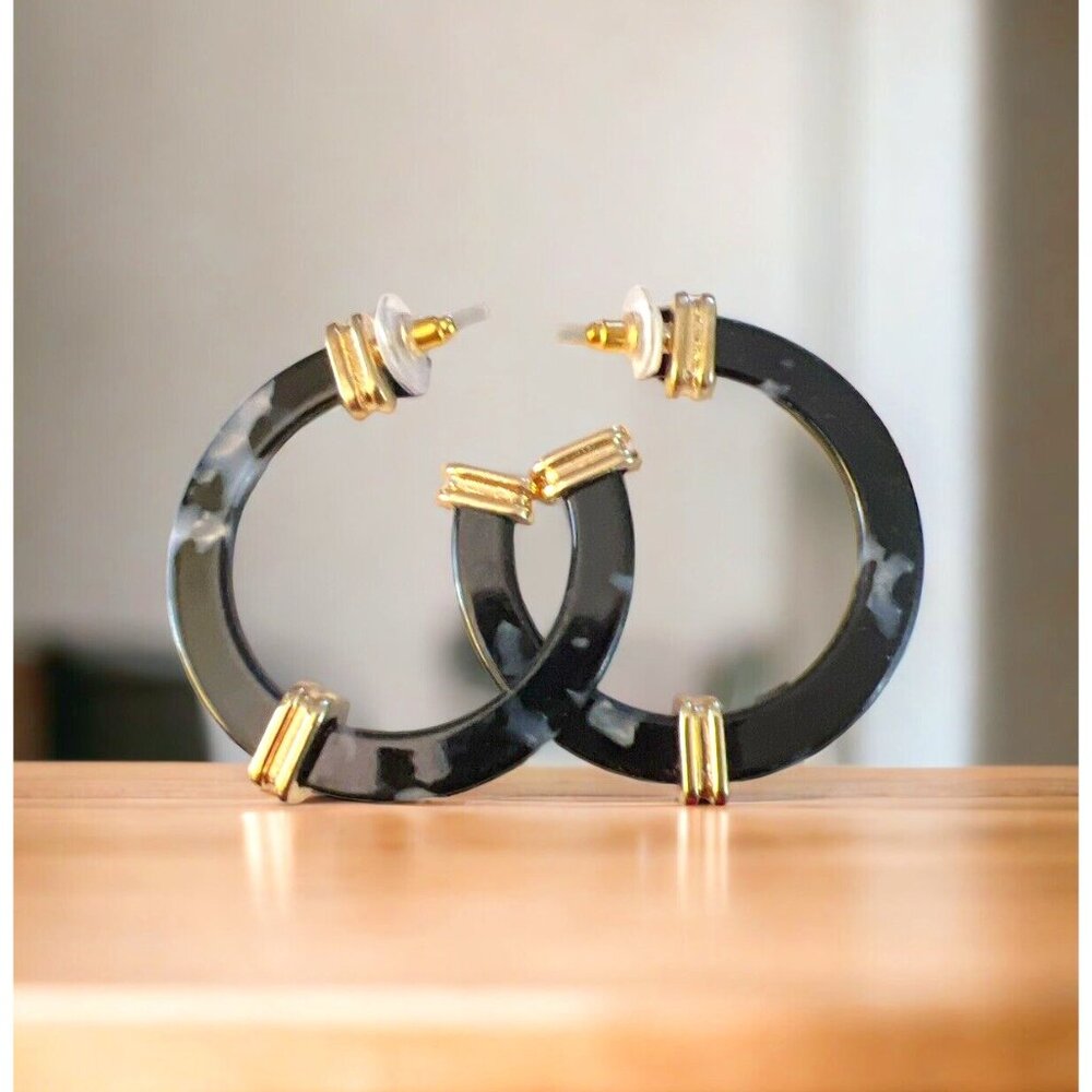 Very Nice Marbled Black & Gold Hoop Earrings